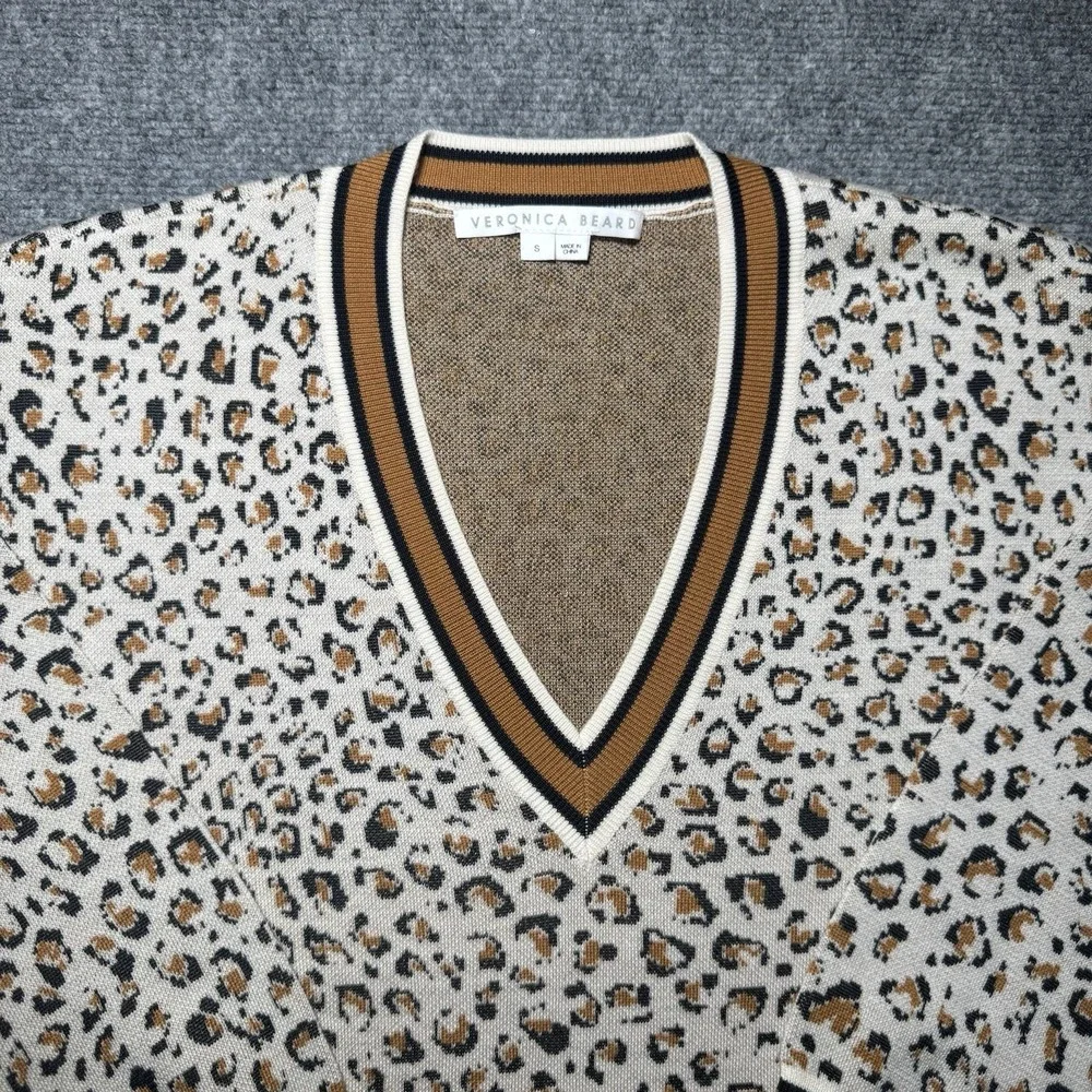 Veronica Beard Leopard Cheetah Print V-neck Pullover Sweater S Merino Wool Blend - Picture 4 of 13